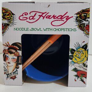 Ed Hardy Ramen Noodle Bowl with Chopsticks Ceramic Contrast Blue Interior